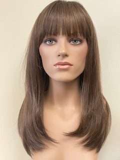 Longer Wig Fashion past shoulders with full Bangs; our newest blend of part Human hair and part fiber hair mixture; soft natural appearance! Style# 855