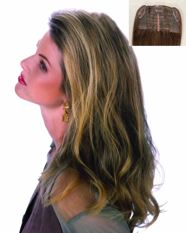 Human Hair Extension with many lines of 16" premium human hair wefts throughout the 7" base width that is hidden underneath own hair when attached; instant to attach with 3 clips, adds natural hair length and fullness to own hair; Style# HBT-6.5X16H